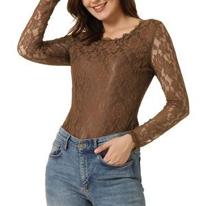 Sheer Long Sleeves Flower Embroidery Lace Top Brown